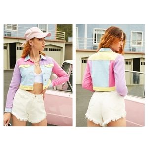 Retro Multicolor Oversized Cropped Denim Jacket Vintage Pastel Light Wash Sz M